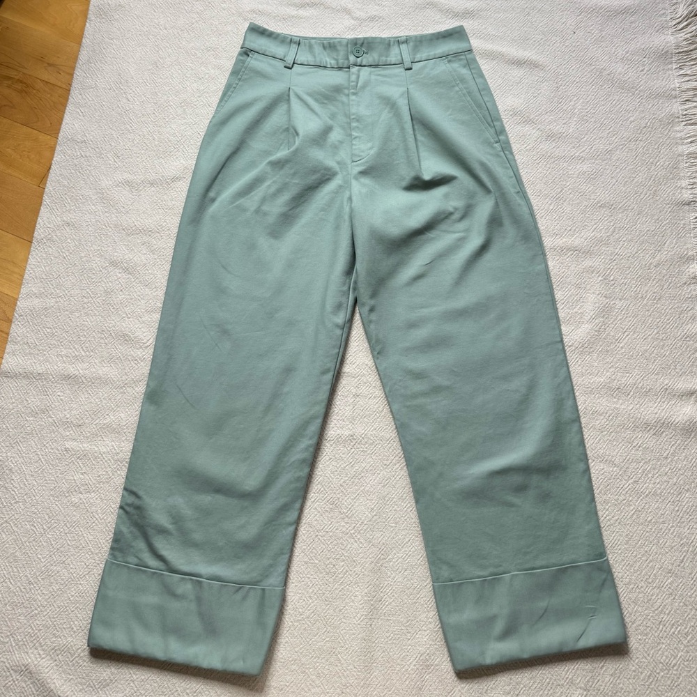 Lauren Ralph Lauren Sage Green Stretch Cotton Wide Leg High Rise Pants 6 Crop - Picture 2 of 8